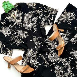 VTG 90s Tori Richard Honolulu Chinese Dragon Print Dress Black Button Front M